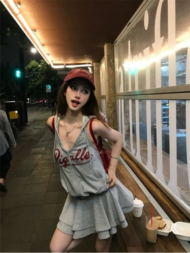 NIMOWANG Blokette Summer Halter Neck Zipper Hooded Top Sports Sleeveless Vest Women's Contrast Color Skirt