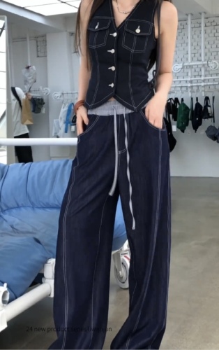 French retro fashion V-neck sleeveless denim vest for women summer high-waist drawstring straight wide-leg casual pants suit