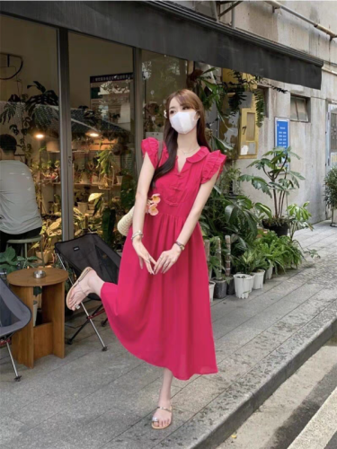 French retro red small flying sleeve dress women's summer waist slimming A-line skirt temperament high-end long skirt