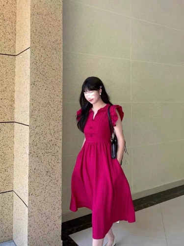 French retro red small flying sleeve dress women's summer waist slimming A-line skirt temperament high-end long skirt