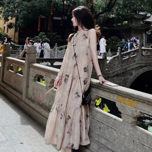 New Chinese style ink smudged halterneck off-shoulder dress uma style loose design sleeveless gentle long dress