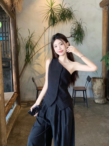 Real shot~ Fashionable high-end irregular three-dimensional tailoring slanted shoulder linen vest women's wide-leg trousers suit