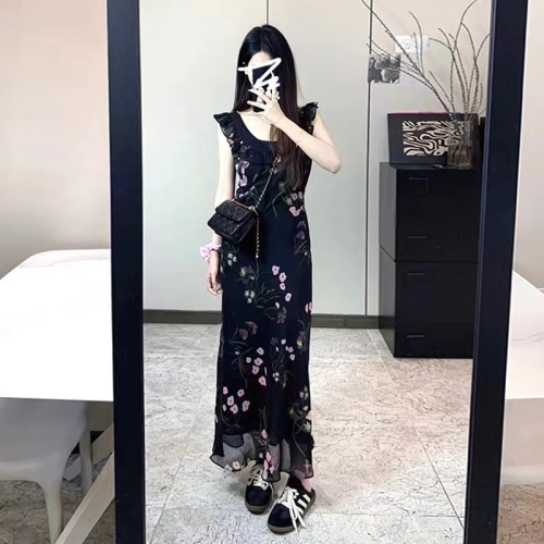 Tea break French high-end black floral dress women's summer 2024 new small temperament long dress