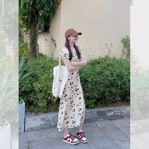 Korean style gentle style square neck puff sleeve floral dress women's summer niche design waist skirt for small people