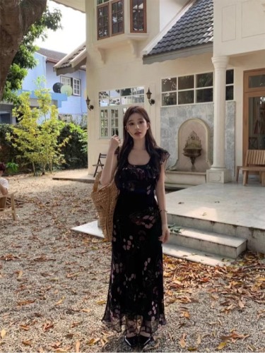 Tea break French high-end black floral dress women's summer 2024 new small temperament long dress