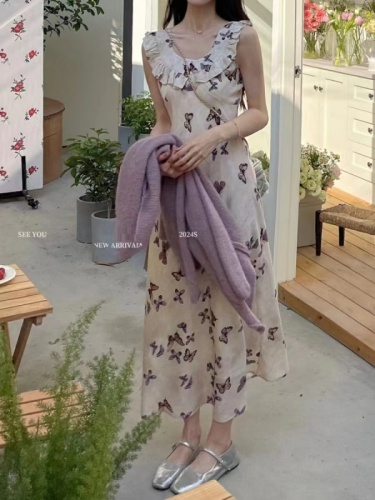 French ruffled butterfly suspender dress for women 2024 new summer style gentle style slim sleeveless long skirt