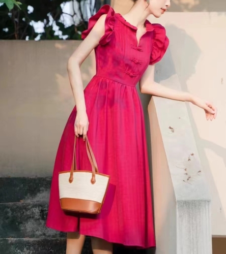 French retro red small flying sleeve dress women's summer waist slimming A-line skirt temperament high-end long skirt