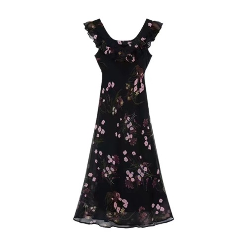 French high-end black suspender floral dress for women summer 2024 new small temperament long dress