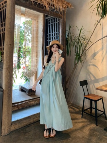 Real shot~ Tea break girl’s kink design long blue sleeveless vest dress for women