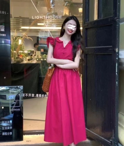 French retro red small flying sleeve dress women's summer waist slimming A-line skirt temperament high-end long skirt