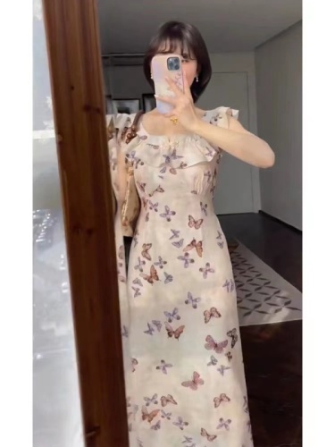 French retro small flying sleeve butterfly print dress women's spring new gentle style square collar mid-length skirt