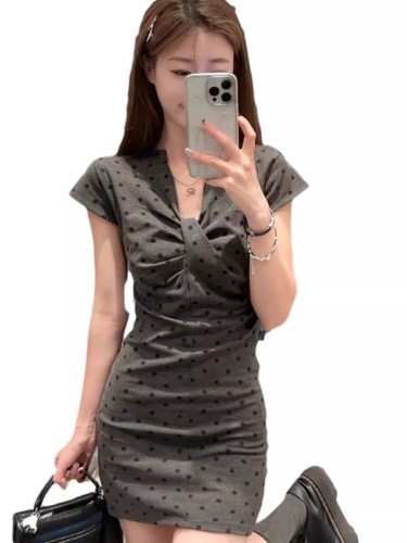 Gray polka dot hottie pure desire v-neck pleated short-sleeved dress for women summer waist slimming hip skirt