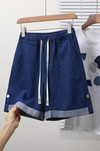 Actual shot of new summer large size elastic waist loose denim shorts fat MM Tencel wide leg versatile casual shorts