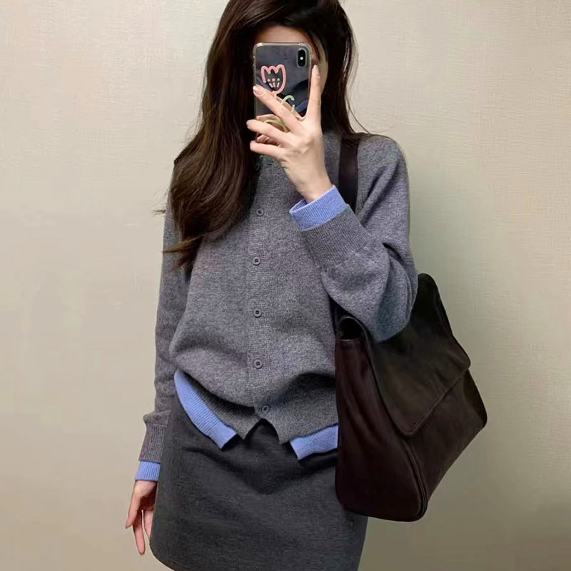 韓版hiphop灰色軟糯針織衫女春秋高級感氣質休閒百搭紐扣開衫外套