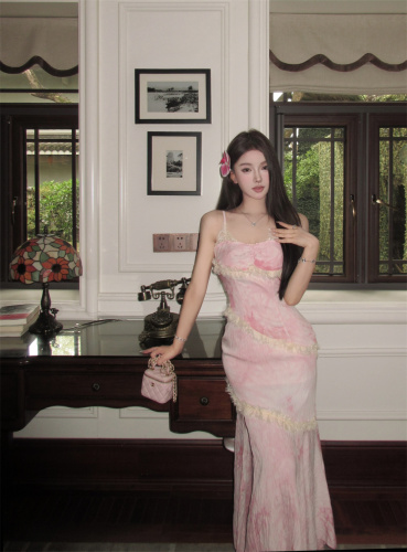 Real shot of summer pure lust style sweet slimming lace splicing hot girl irregular long dress