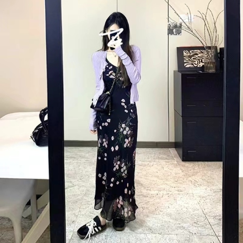 Tea break French high-end black floral dress women's summer 2024 new small temperament long dress