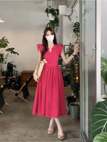 French retro red small flying sleeve dress women's summer waist slimming A-line skirt temperament high-end long skirt