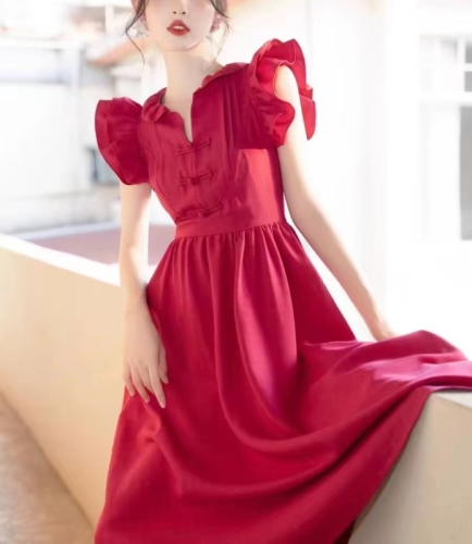 French retro red small flying sleeve dress women's summer waist slimming A-line skirt temperament high-end long skirt