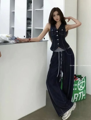 French retro fashion V-neck sleeveless denim vest for women summer high-waist drawstring straight wide-leg casual pants suit