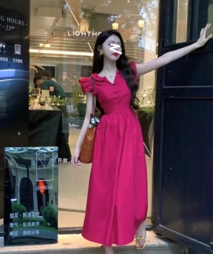 French retro red small flying sleeve dress women's summer waist slimming A-line skirt temperament high-end long skirt