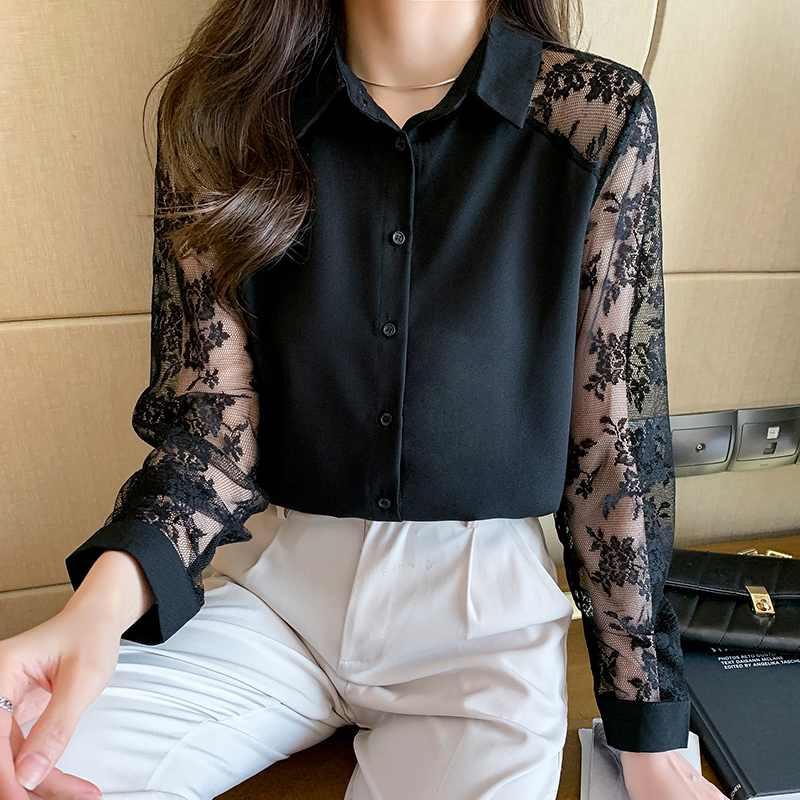 實拍 2024洋氣新款女裝翻領蕾絲拼接雪紡衫上衣開衫襯衫