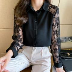 Photographed 2024 Stylish Women's Collar Lace Splicing Chiffon Top Cardigan Shirt