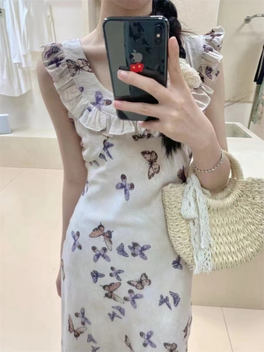 French ruffled butterfly suspender dress for women 2024 new summer style gentle style slim sleeveless long skirt