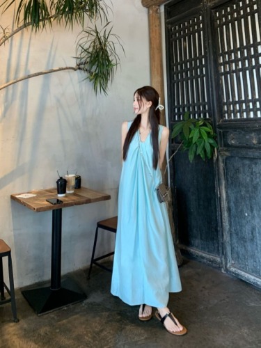 Real shot~ Tea break girl’s kink design long blue sleeveless vest dress for women