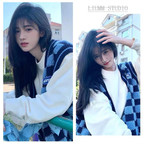 Ju Jingyi same style blue plaid knitted vest loose lazy style lamb wool coat sweater autumn women