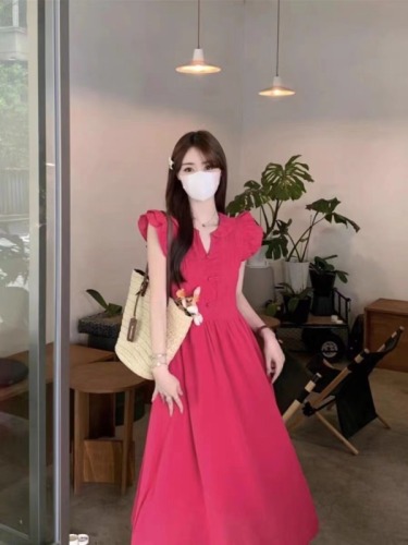 French retro red small flying sleeve dress women's summer waist slimming A-line skirt temperament high-end long skirt