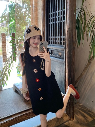 Actual shot ~ Handmade three-dimensional crocheted black cotton and linen vest dress for women with embroidered small flowers sleeveless dress