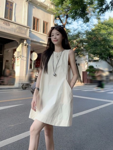 Actual shot ~ Korean style high-end back zipper strap design slimming sleeveless vest dress for women