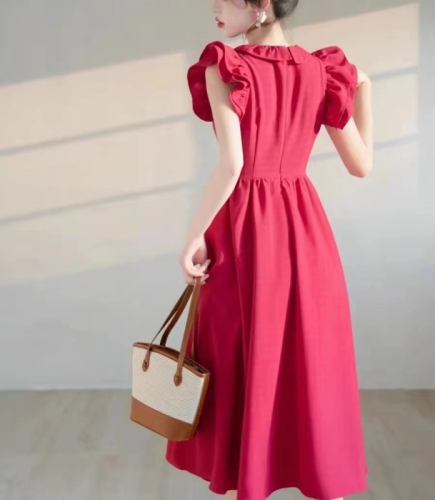 French retro red small flying sleeve dress women's summer waist slimming A-line skirt temperament high-end long skirt