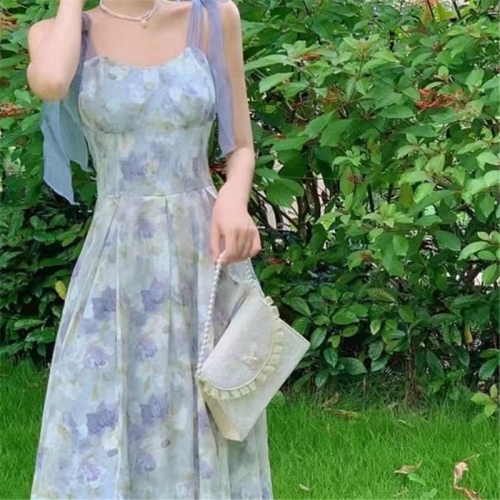 Suspension floral dress women's new summer style French niche oil painting style super fairy style first love waist long skirt