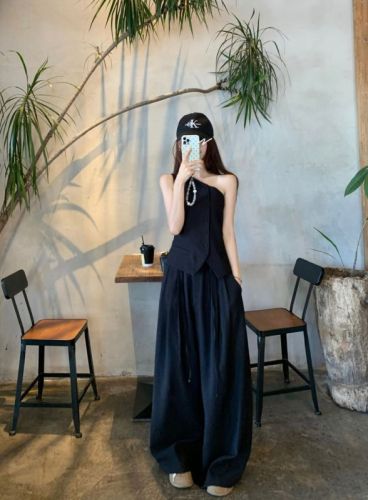 Real shot~ Fashionable high-end irregular three-dimensional tailoring slanted shoulder linen vest women's wide-leg trousers suit