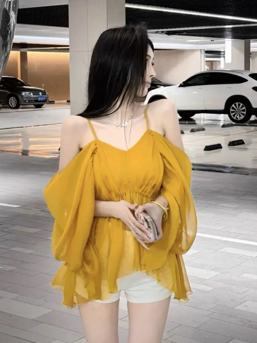 Pure desire sexy one-shoulder suspender top for women loose summer new style waist slimming hot girl temperament long-sleeved shirt