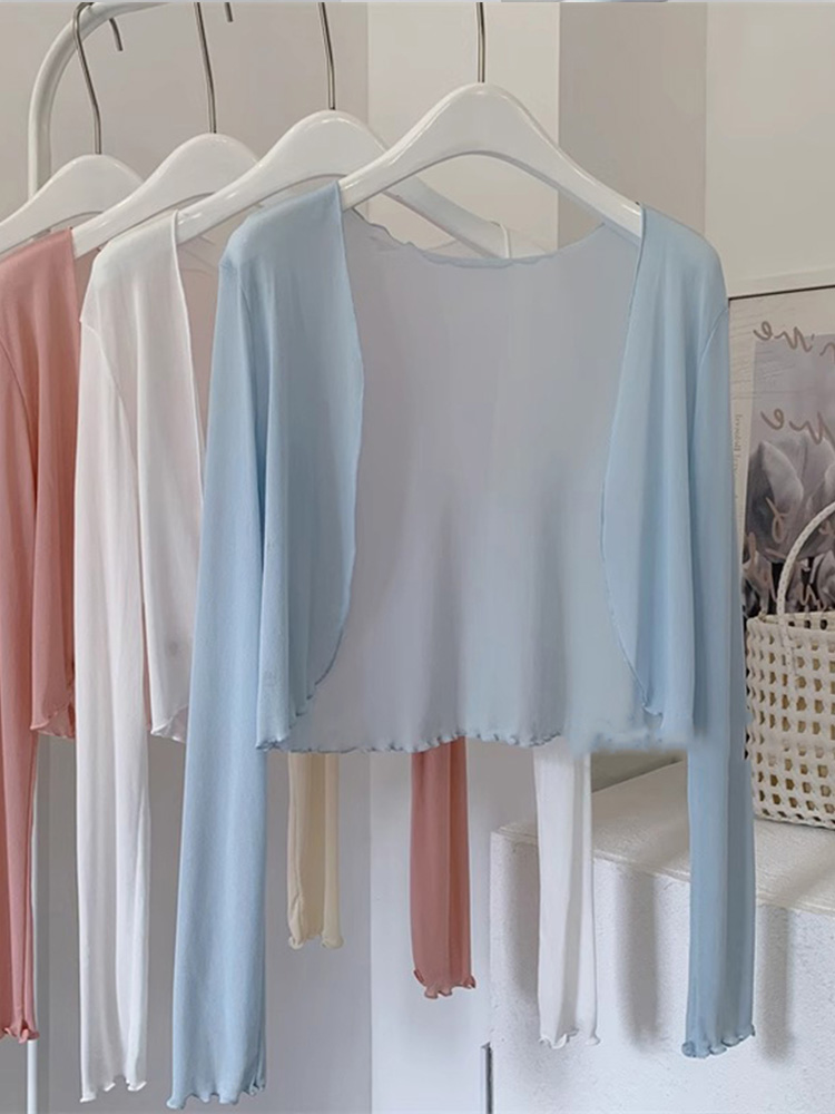 Tulle ice silk sun protection cardigan for women in summer with suspender skirt, small waistcoat, sun protection shawl, mesh blouse, long-sleeved top