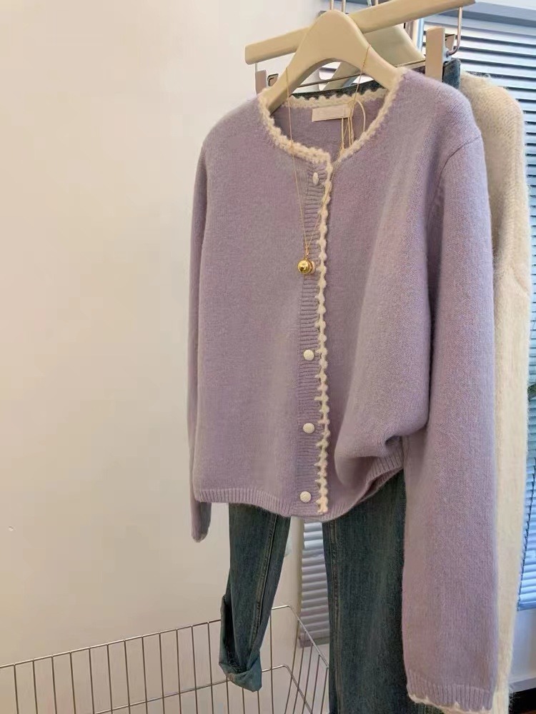 Women's Spring 2024 Little Black Dress Style Round Neck Purple Lace Knit Cardigan Top for Outerwear with Design Sensibility