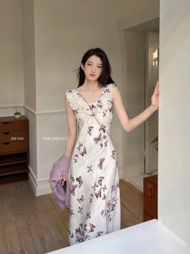 French ruffled butterfly suspender dress for women 2024 new summer style gentle style slim sleeveless long skirt