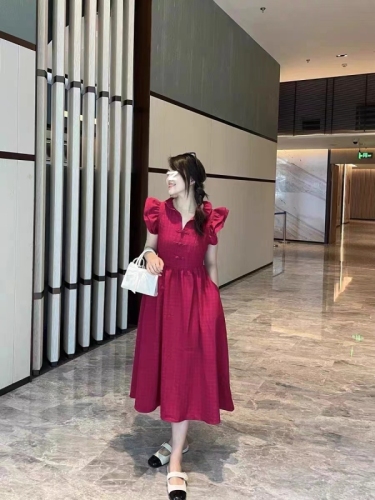 French retro red small flying sleeve dress women's summer waist slimming A-line skirt temperament high-end long skirt