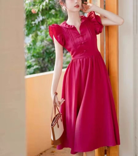 French retro red small flying sleeve dress women's summer waist slimming A-line skirt temperament high-end long skirt