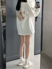 Pure cotton long-sleeved T-shirt for women 2024 new autumn and winter solid color loose bottoming shirt printed round neck top