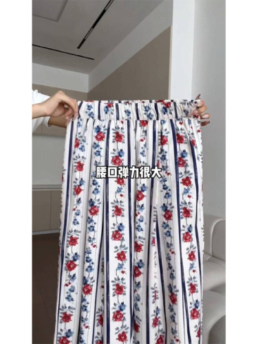 Niche rose style retro floral casual pants for women summer thin loose drape wide leg pants floor mopping wide leg pants