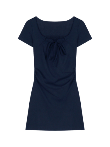 Fungus edge square neck short-sleeved dress women's summer navy blue figure-flattering skirt waist A-line hip-hugging short skirt