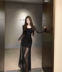 Real shot of black swan gauze skirt with temperament, elasticity, slimming, high-end and long dress for women