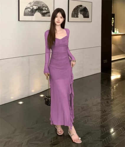 Real shot!  Hot girl style purple square neck mesh dress women's ruffled splicing slit slimming long skirt