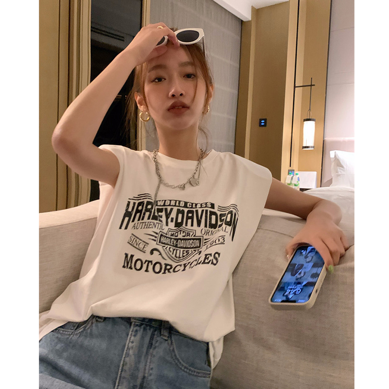 Pure cotton white letter sleeveless vest T-shirt women's summer outer wear casual loose mid-length sports top