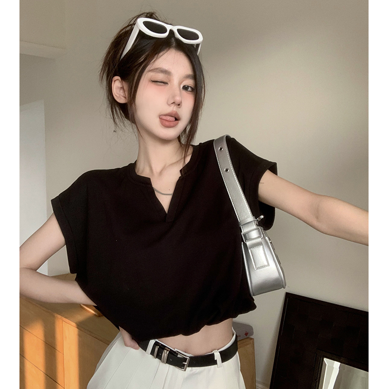 Designed sweet girl v-neck shoulder sleeveless vest t-shirt women's summer casual loose high-waisted short small flying sleeve top