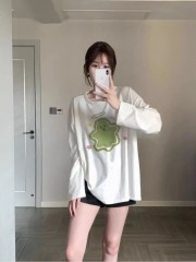 Pure cotton long-sleeved T-shirt for women 2024 new autumn and winter solid color loose bottoming shirt printed round neck top