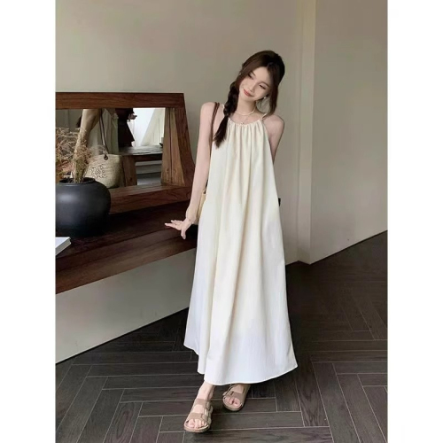 Summer apricot color niche design sleeveless loose slim casual simple A-line halterneck elegant long skirt dress